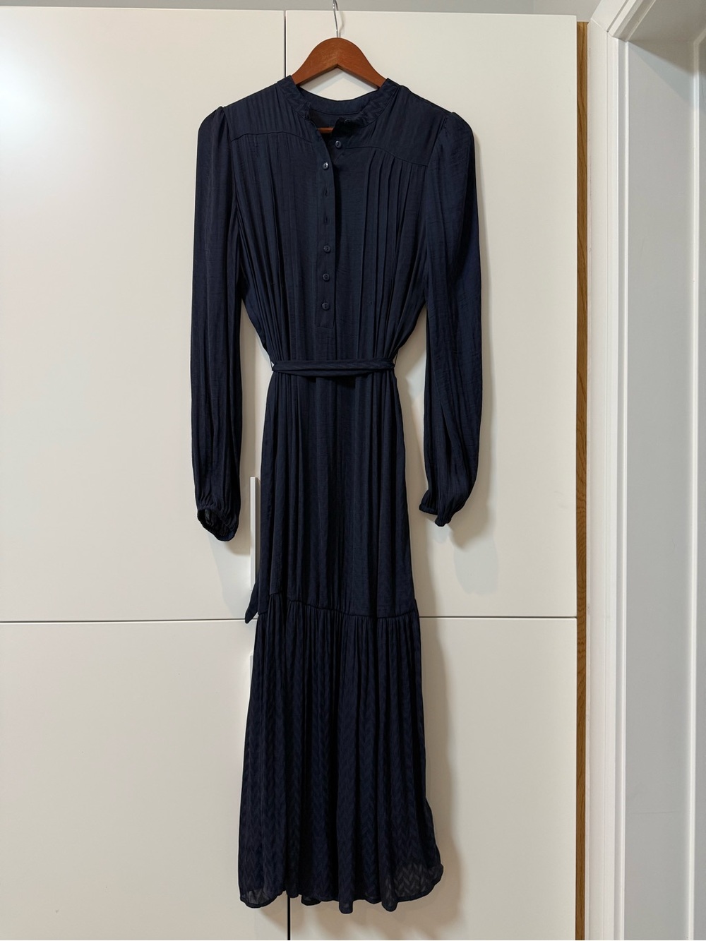 NWT Marks & Spencer - Long Sleeve Navy Pleated Maxi Dress with Waist Tie